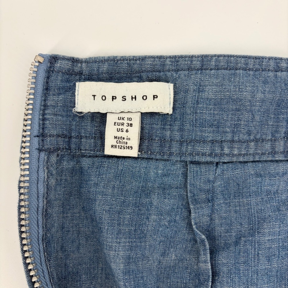 Top Shop Jumpsuit Women Size 6 Blue Chambray Ruffle Open Back Wide Leg Cutout - Picture 9 of 10